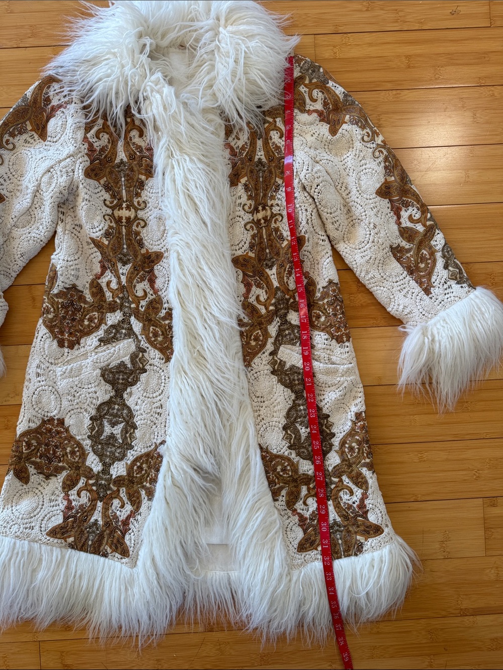 Soft Surroundings Cream and Brown Brocade Coat with Faux Fur Trim - Picture 2 of 8